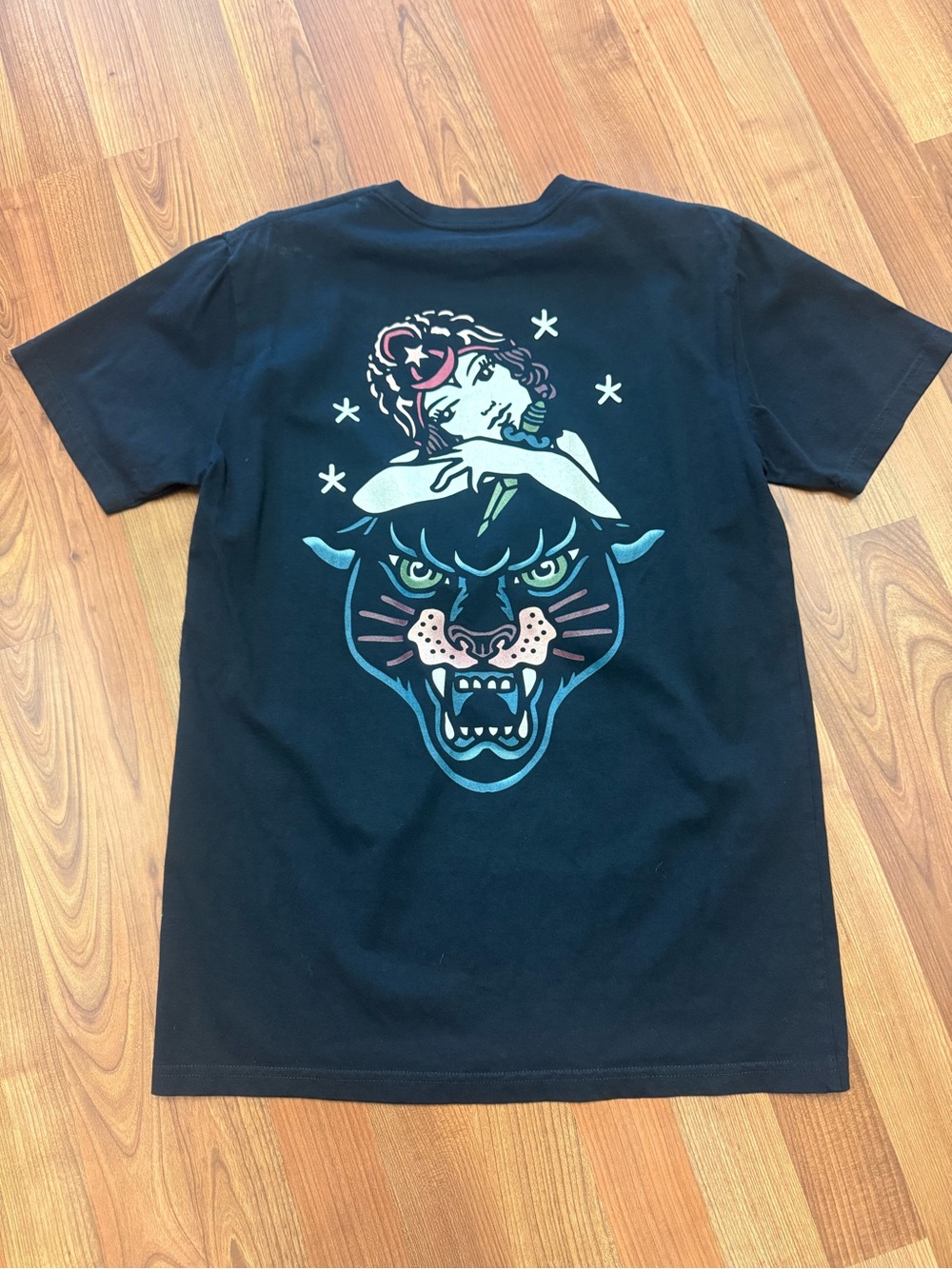 Black Tee with Teal Panther and Retro Woman Graphic